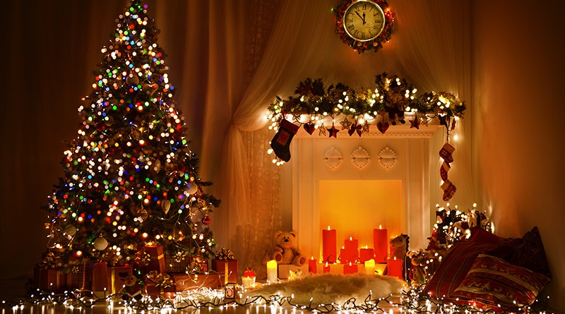 Christmas Room Interior Design, Xmas Tree Decorated By Lights Presents Gifts Toys, Candles And Garland Lighting Indoors Fireplace